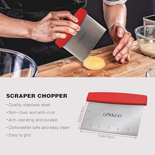 GINKGO Bench Dough Scraper Chopper Stainless Steel Kitchen Utensil Multipurpose Pastry/Food Cutter Scraper Tool for Cake, Pizza, Bread, BBQ - Red by Ginkgo - Image 4