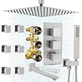 NPYSVSSS Shower System with Body Jet Ceiling Mount 16 Inch Overhead Rainfall Shower Head and Handheld Spayer 4 Way Thermostatic Shower Faucet Complete Set with 6 PCS Body Massage Jets and Tub Faucet