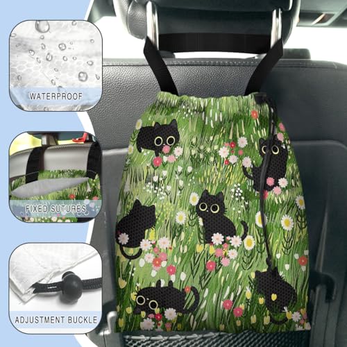Image of Car Trash Bag Hanging Back of Seat Waterproof Small Cute Printed One-Handed Strap Drawstring Garbage Bags for Car-Black Cat Floral