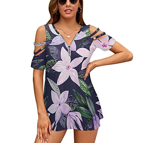 KccOsg Túnica feminina para usar com leggings, túnicas florais com ombro vazado, ajuste solto, zíper