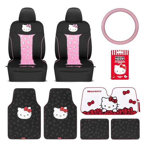 Carbella Hello Kitty Car Seat Covers, Car Floor Mats, Steering Wheel Cover, Windshield Sun Shade for Car Gift Pack Car Air Freshener Black and Pink Hello Kitty Car Accessories for Women 9pc Combo