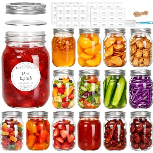 Cehomi Glass Mason Jars 16 oz with Lids - 15 Pack Regular Mouth Canning Jars,Clear Glass Jars for Food Storage, Canning, Pickling, Dry Goods, Snacks, Candies, and DIY Projects