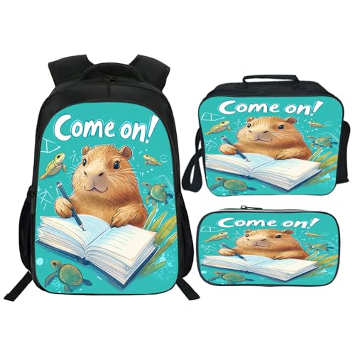 Quorin Funny Capybara Backpack School Bag 3PCS Backpack 16 Inch with Lunch Bag Set Lightweight for Teen Boys Girls Kids Elementary Middle School