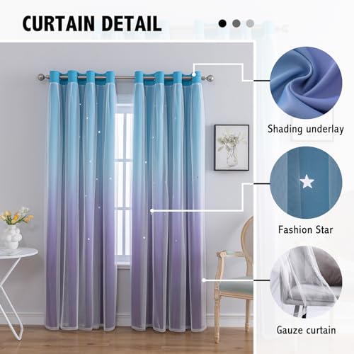Image of indistar Colourful Stripe Star Cut-Out Blackout Curtains for Bedroom,2 Layers Mix Design of Fabric & Tulle,Pretty Window Curtain for Kids Room 1 Panel (W52 x L63 Blue Purple)