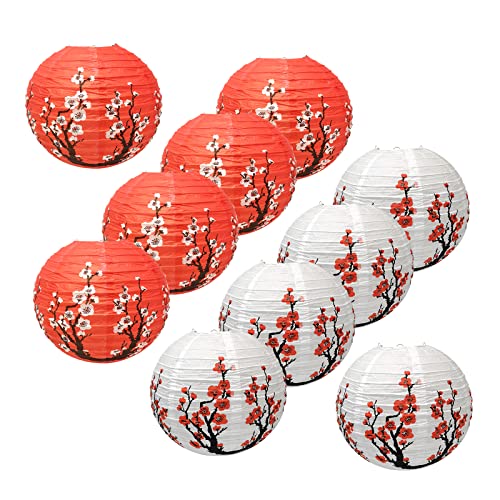 Hoypeyfiy 10 Cherry Flowers Paper Lanterns, 12 inch Blossom Lantern 5 Red + 5 White for Restaurant Home Wedding Party Decoration