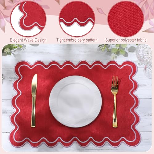 HunnmingRe Red with White Set of 6 Cotton Linen Wedding Placemats, 13x19 Inch Scalloped Wavy Embroidery Placemat Double Layered Washable Rustic Rectangle Dinner Table Mat for Home Decor by HunnmingRe - Used condition - Image 3