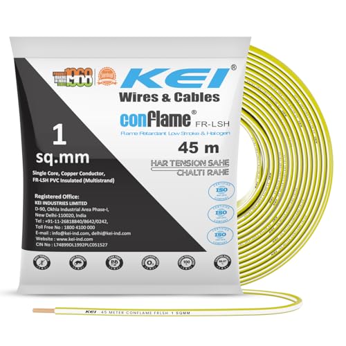 Image of KEI CONFLAME FRLSH 1 sqmm 1 Core Copper Heat Resistant Flame Retardant Low Smoke & Halogen - Lead Free House Wire for Domestic & Industrial Electrical Wiring (Yellow, 45 Meters)