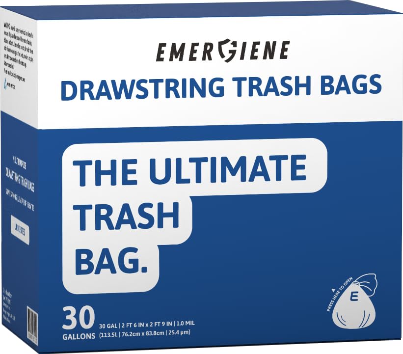Emergiene Ultra Strong 30 Gallon Drawstring Trash Bags, Unscented 120 Count Garbage Bags, Pre-Separated, Recycled Materials, Heavy Duty, Leakproof, Sturdy, Black