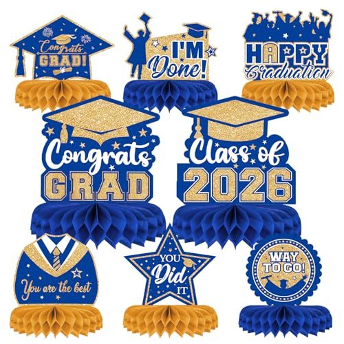 8 Pieces Class of 2026 Graduation Table Decorations - 2026 Congrats Grad Honeycomb Centerpieces, Graduation Table Toppers Decor for 2026 Graduation Party Decorations Favor Supplies, Blue and Gold