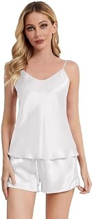 Satin Camisole and Shorts Pajama Set, Sleeveless V-Neck Top, Lace Trim, Beige Price In India