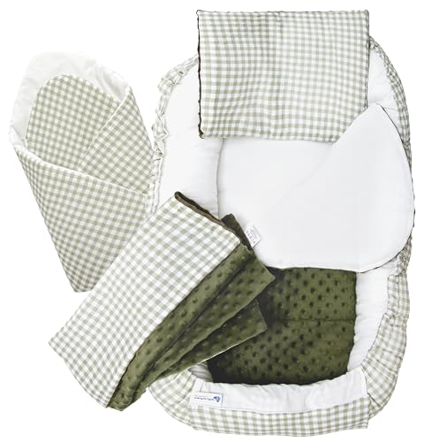 Medi Partners Nido Bebe Recien Nacido Reductor de Cuna - 100x60x15 Juego de 5 Piezas bebés anticolicos Bilateral Portátil o de Viaje 100% Algodón (Cuadros con Oliva Minky)