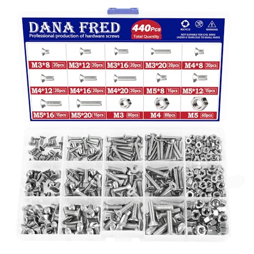440 Pieces Flat Hex Socket Head Cap Screws Kit 304 Stainless Steel M3 M4 M5 Metric Thread Hexagon Allen Head Drive Countersunk Machine Bolts Nuts Standard Fastener Hardware Assortment Kit Set
