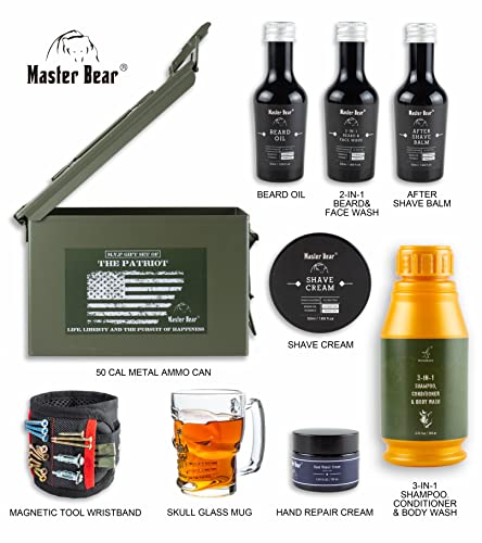 Gift For Men | 50 Cal Metal Ammo Cans Gift Box Shaving Grooming Set Collection For Him | Fathers Day Holiday Christmas Gift Ideas With Glass Skull Beer Mug, Magnetic Wristband, Hand Cream, Body Wash #TOP1