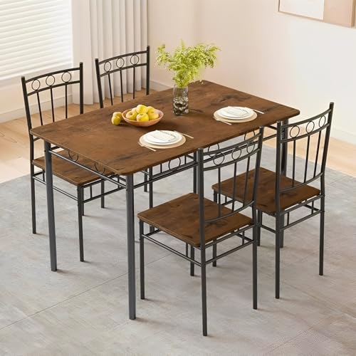 Opiniones de Comedores en Venta los preferidos por los clientes. 42 BRO A SIS Juego de Comedor Marrón Mesa Rectangular 4 Sillas - Estructura Madera+Hierro, 110x68x75cm, Ideal para Apartamentos Pequeños/Comedor/Cocina, Reuniones Familiares