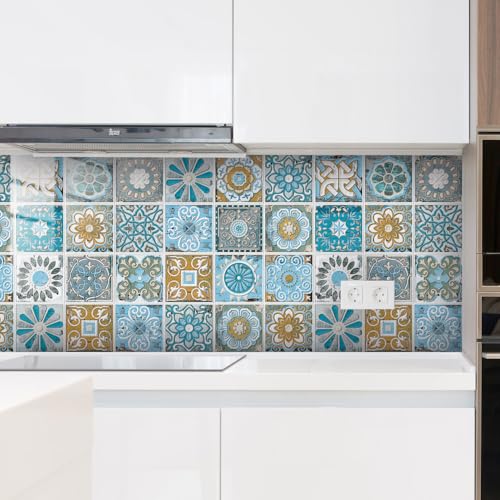 Azulejos Adhesivos Cocina 20x20 cm Mandala Azul Y Gris Vinilos Baño Azulejos Impermeable Azulejos Adhesivos Baño Vinilo Pared Decoración de Muebles Azulejos Adhesivos (24 Piezas)