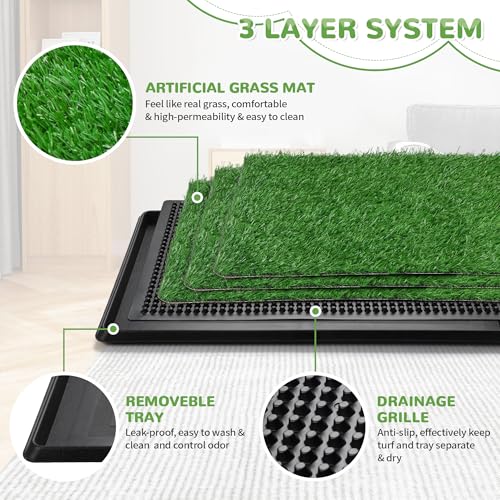 Image of Generic 30 inch x 20 inch Dog Grass Pad with Tray, 3-Piece Washable Artificial Grass Pee Pad for Dogs, Large Indoor /Outdoor Pet Toilet