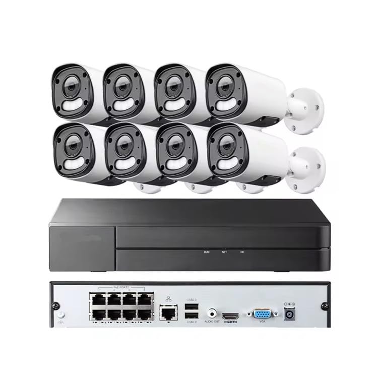 Kit sistema de videovigilancia de 16 canales, 8 cámaras POE 8MP, 30 FPS, sensor IMX415, NVR con detección humanoide y vehículo, visión nocturna 30m, audio integrado, IP67