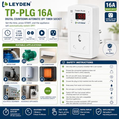 Image of LEYDEN TP-PLG 16A 220VAC, 16A, Digital Coundown Automatic Off Timer Plug Socket 1 Minute to 9 Hour 45 Minutes for Waterpump, Motor, AC, E-Bike, Gyser, Heater