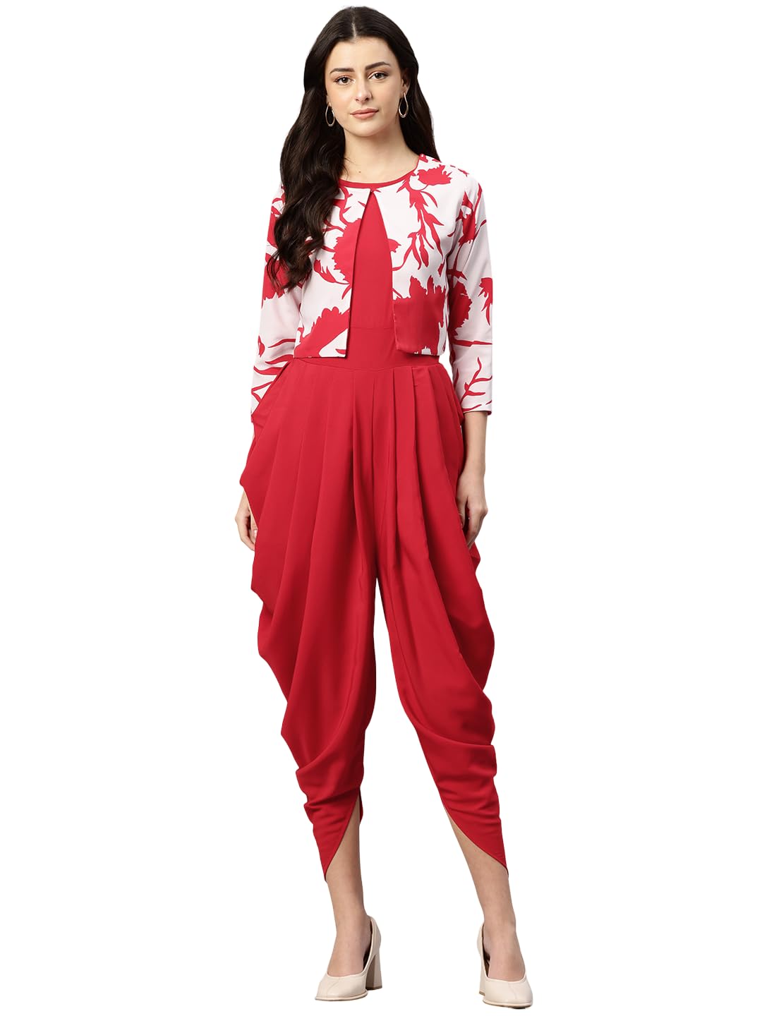 cottinfab Red Solid Dhoti Style Jumpsuit With Printed Jacket-picture-21