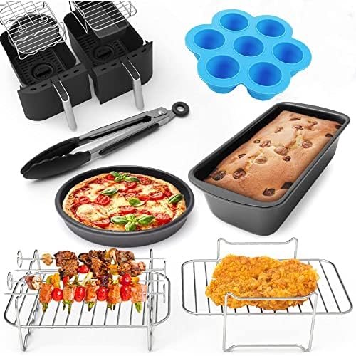 Air Fryer Accessories Set of 6 Fit for Most 3.7Qt and Larger Oven Cake & Pizza Pan, Metal Holder, Skewer Rack & Skewers, Egg Bite Mold, Tongs,etc, BPA Free, Nonstick Coating, Dishwasher Safe