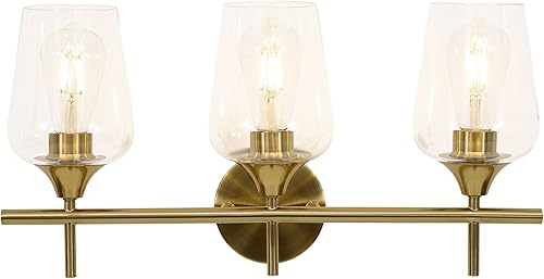 3 luces doradas para tocador de baño, aplique de pared sobre espejo, luces de baño modernas, iluminación de pared de cristal transparente dorado