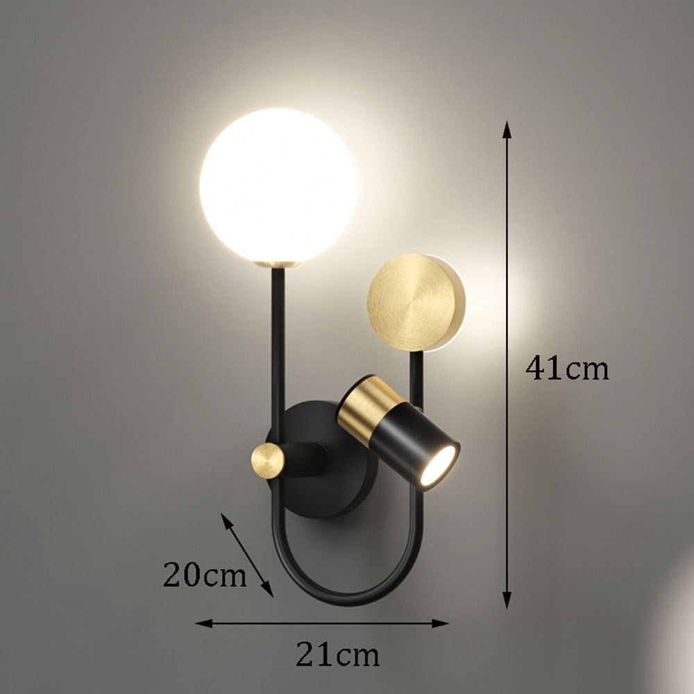 Modern Milk Glass Wall Light 12W Rotatable Bedroom Wall Sconces with Spotlight Black Mid Century Rustic Wall Sconce Light Fixture for Bathroom Bedside Living Room LED Wall Mounted Lamp