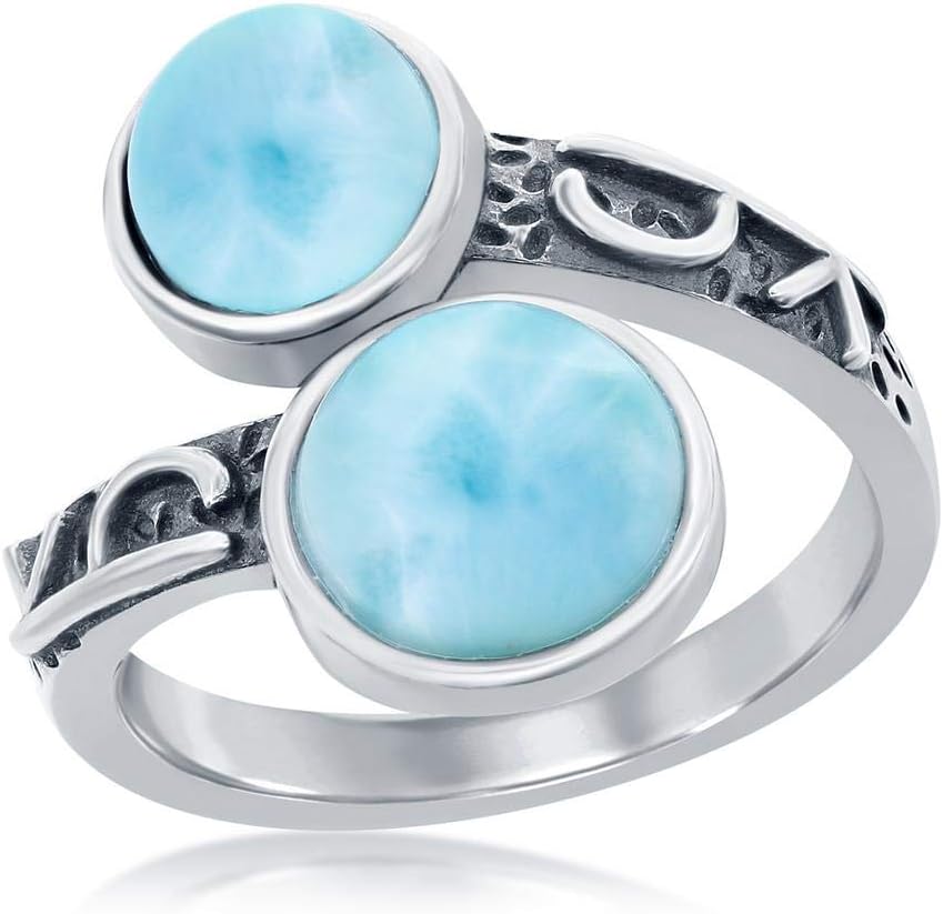 Bypass Design Round Natural Larimar Gemstone Oxidized Antique Ring Sterling Silver Jewelry for Women