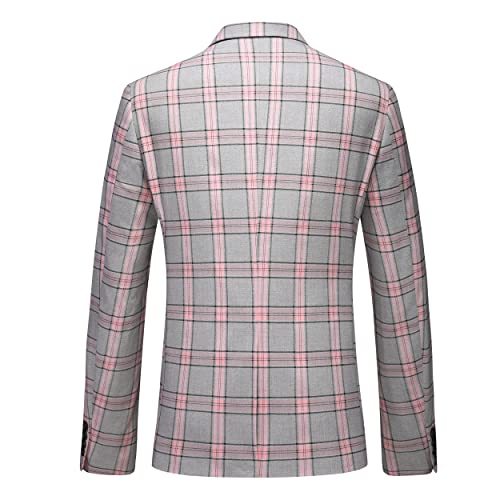 MOGU Men's Slim Fit Plaid Suit Set Checkered Sport Coat Blazer, Vest and Pants - Each Sold Separately for Wedding, Prom & Party Pink Gray Size 34 Chest