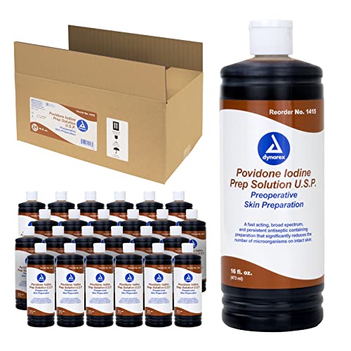 Image of Dynarex Povidone Iodine Prep Solution USP, Effective Topical Antiseptic for Skin Cleansing and Preparation Prior to Medical Procedures, Brown, 1 Case, 24-16 Fluid Ounce Bottle