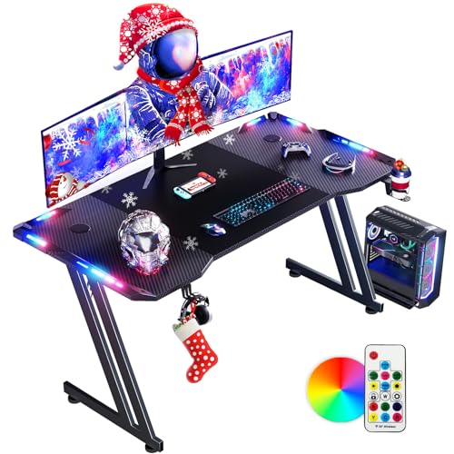 DLONGONE 120 x 60cm RGB Gaming Desk, Large Gaming Table for Laptop, Home Office Desk with Carbon Fiber Coated, Gaming PC Desk with Headphone Hook and Cup Holder, Easy to Assemble, Black