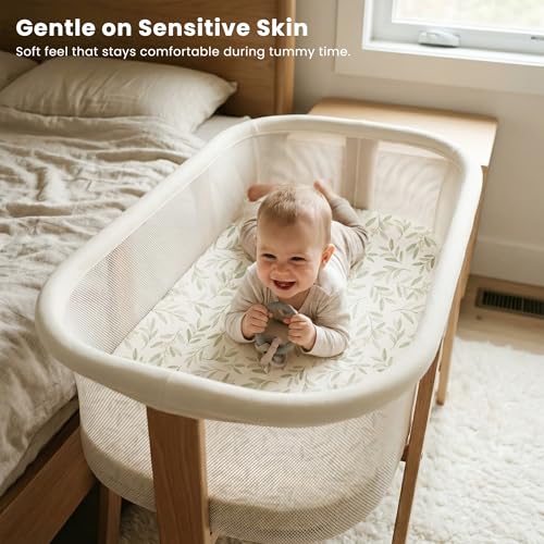 Image of Konssy 3 Pack Stretchy Bassinet Sheets for Baby Girl Boy, Soft Breathable Baby Bassinet Mattress Sheets Fit for Hourglass Oval Cradle, Moses Basket Rectangle Mattress (Garden Sage)