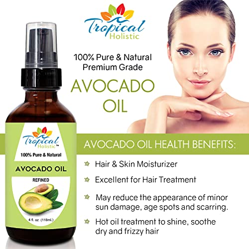 Tropical Holistic 100% Pure Organic Refined Avocado Oil 4 Oz - Virgin Cold Pressed Carrier Oil For Hair Diy, Face, Skin, Nails And Body #TOP4