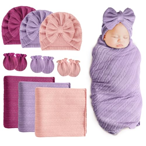 Image of BQUBO Newborn Receiving Blanket Hat Mittens Set for Baby, Unisex Baby Boys Girls Essentials, Newborn Registry Must Haves, Stroller Crib Shower Gifts
