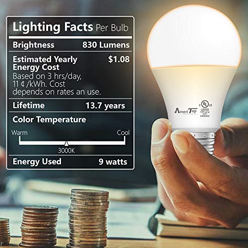 Ameritop A19 Led Light Bulbs- 6 Pack, Efficient 9W(60W Equivalent) 830 Lumens General Lighting Bulbs, Ul Listed, Non-Dimmable, E26 Standard Base (3000K Warm White) #TOP5