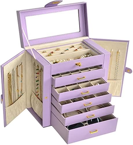 AKOZLIN Large Jewelry Box Organizer Functional Lockable with Big Mirror, Leather Jewelry Storage Case for Women Girls Ring Necklace Earring Bracelet Holder Organizer Violet