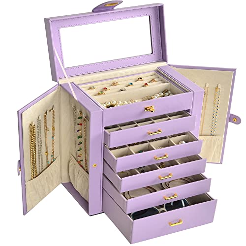 Akozlin Large Jewelry Box Organizer Functional Lockable With Big Mirror, Leather Jewelry Storage Case For Women Girls Ring Necklace Earring Bracelet Holder Organizer Violet #TOP1