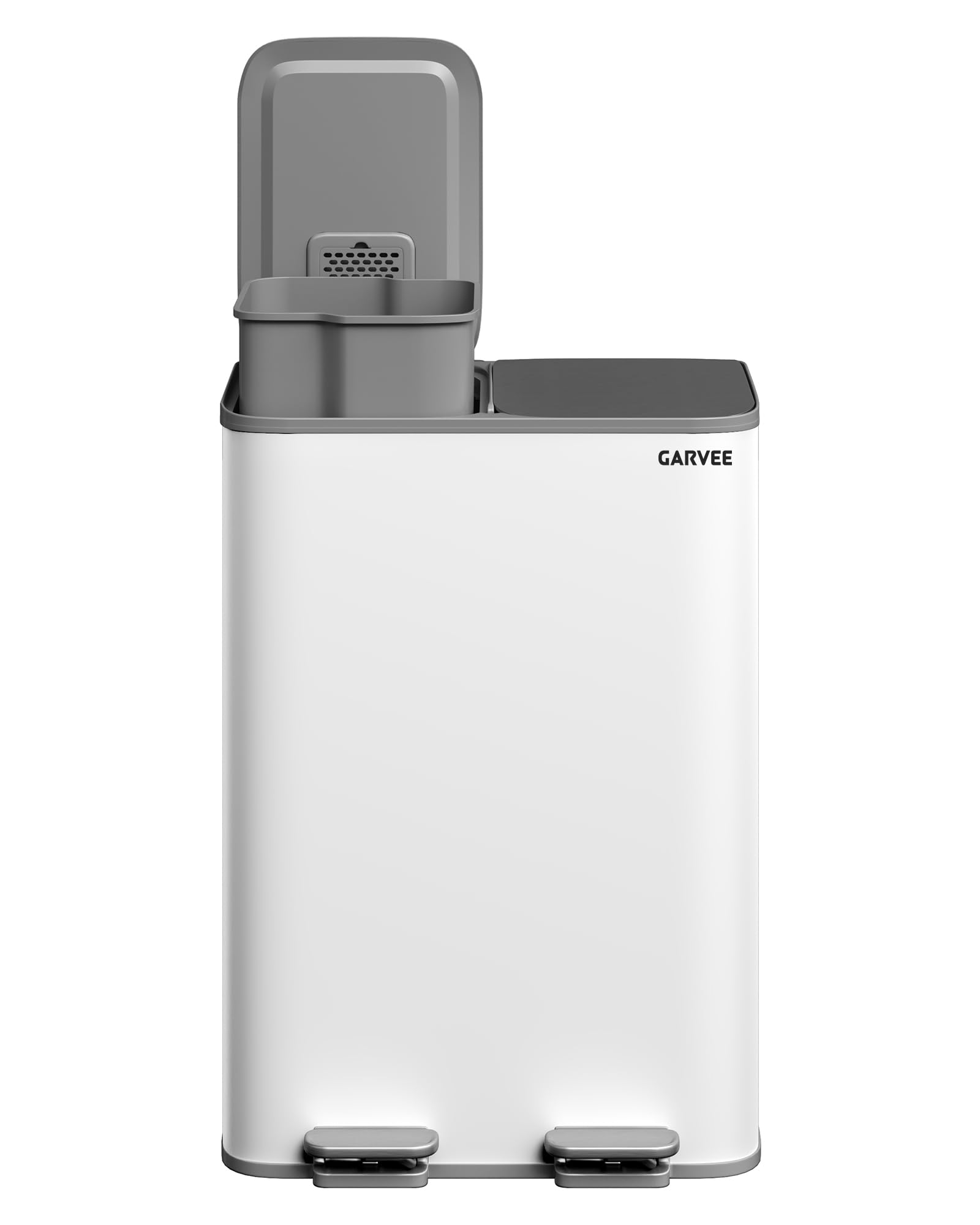 Poubelle de Cuisine Inox 2x30L à Double Compartiment, Pédales Douces avec Couvercle Silencieux, Seau Amovible pour Recyclage, Résistante aux Empreintes, Gris-Blanc