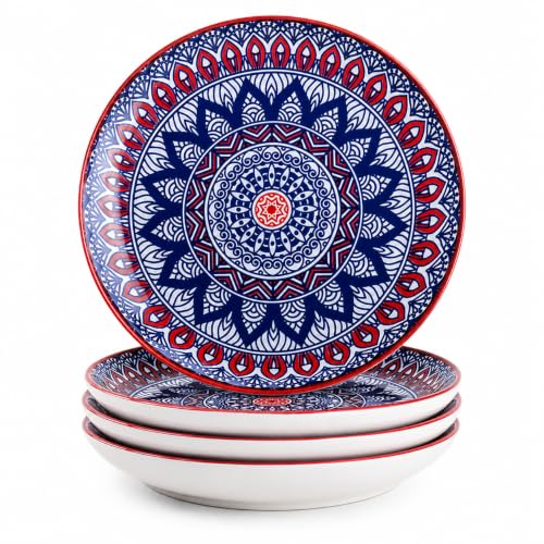 Image of Ceramic Pasta Plate, 20.4 cm Porcelain Dinner Plates, Microwave & Dishwasher Safe, Food Grade Ceramic, Deep Serving Plate for Pasta, Salad, Soup, Curry & Noodles (Mandala Print, Pack of 4)