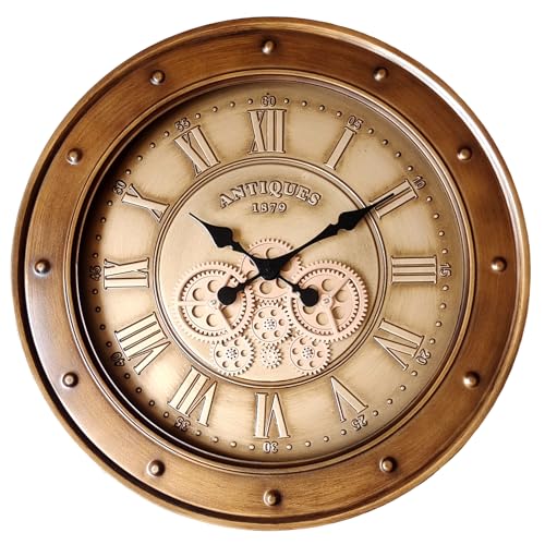 Ddysins 24 " Wall Clock with Real Moving Gears, Large Vintage Industrial Steampunk Decor Wall Clock, Antique Ddysins 24 Wall Clock with Real Moving Gears, Large Vintage Industrial Steampunk Decor Wall Clock, Antique Bronze Gold Roman Numeral Metal Wall Clocks for Living Room Farmhouse