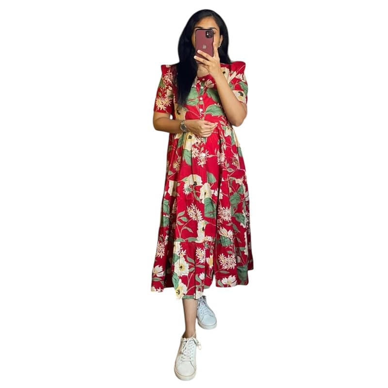 Image of Floral Midi Dress for Women - Summer Boho Dress, Lightweight & Breathable, Elegant Floral Print, Casual & Vacation Outfit, Comfortable Flowy Dress for Women