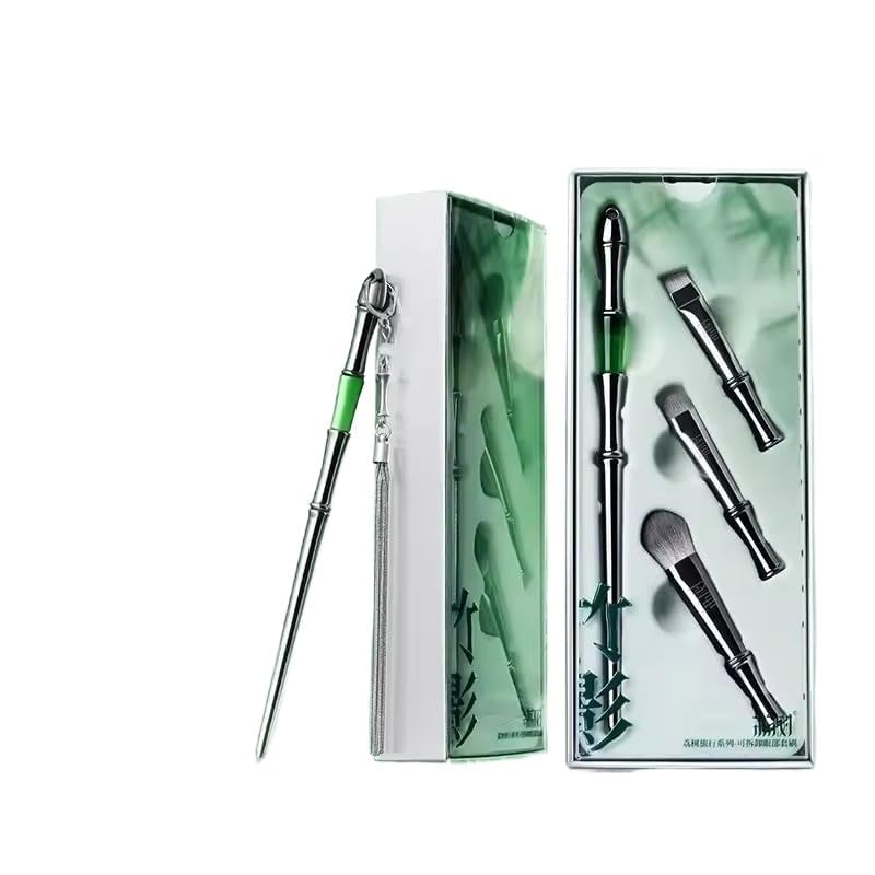 Lishu Bamboo Multi-Purpose Makeup Brush Travel Set, Detachable Eyeshadow Blush Foundation Brushes with Hairpin Design, Portable Mini Size Silver and Green, 4 Pieces