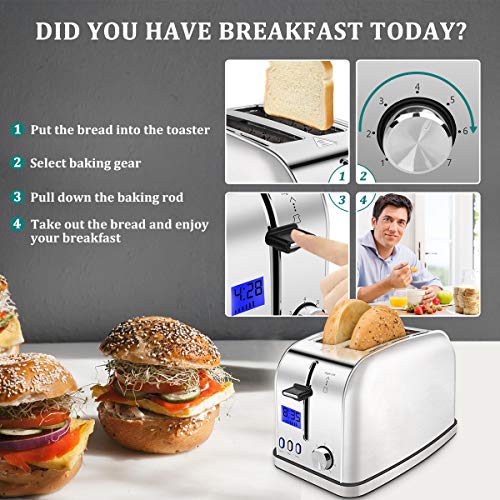 iFedio Best Rated Prime 2 Slice Toaster Stainless Steel with LCD Timer Display Wide Slots Bagel Defrost Cancel Function for Breakfast Removable Crumb Tray, 900W, Silver