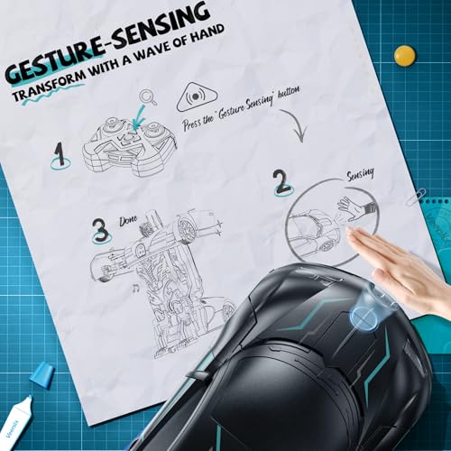 Image of Veeniix V991 1:10 Large Transform Remote Control Car, 2-in-1 RC Robot Toy Car with One-Button Deformation, Gesture Sensing, Cool Birthday Gift for Boys Girls Ages 4-12, 2 Batteries for 70 Mins, Black