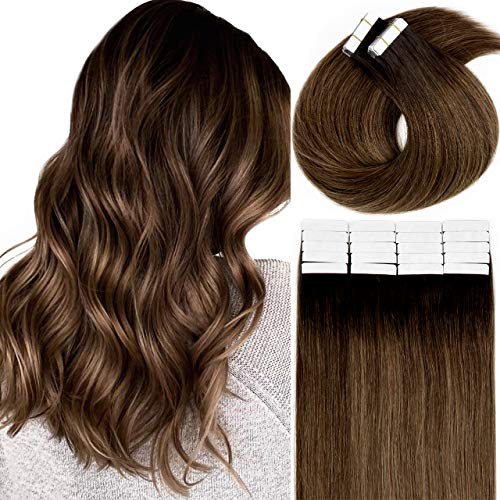 LacerHair Brown Rooted Tape in Hair Extensions Natural Light Mixed Chocolate Brown and Auburn Brown Blended Double Side Tape in Extensions Glue on Invisible Hair LMR#2-4/3022 Inch 50Grams 20Pcs