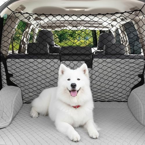 KYEDGC Dog Guard for Car Boot Universal Pet Barrier with 4 Hooks and Adjustable Straps 110 x 60 cm Black Mesh Net to Secure Luggage and Pets in SUV or Sedan Trunk