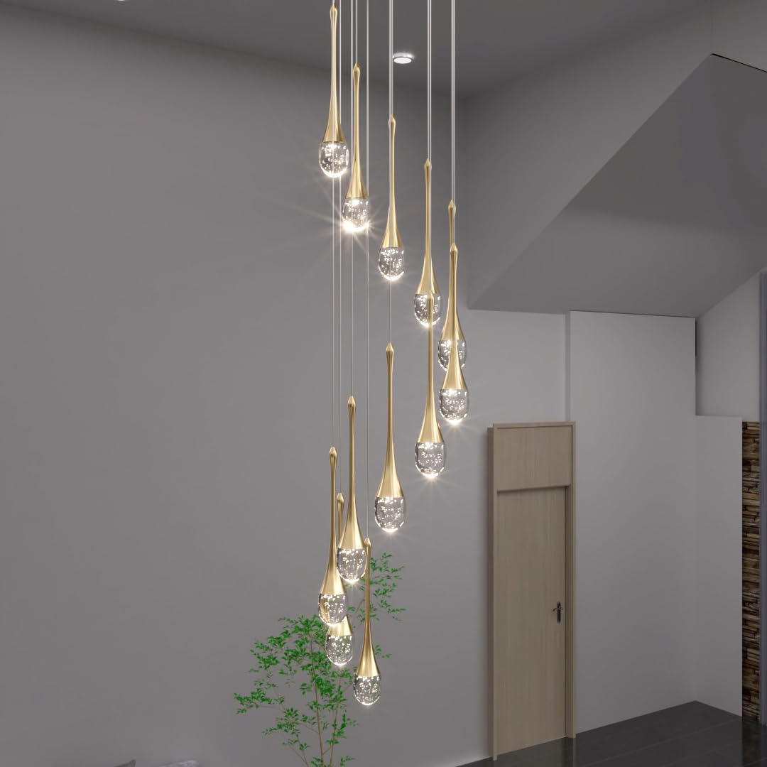 PCXEHUYP 12-Light Black Crystal Chandelier 120'' High Ceiling foyers Entrance Chandeliers Staircase Long Pendant Light Dimmbale LED 2700-6000K