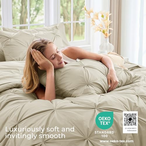 Image of Sasttie Queen Comforter Set, 7-Piece Bed in a Bag, Pintuck Bedding Sets for All Season, Includes Comforter, Flat Sheet, Fitted Sheet, Pillowcases and Pillowshams, Linen
