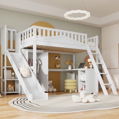 Litera de 90 x 200 cm, cama alta con tobogán, escalera, armario, escritorio, estantería, cama individual de madera, cama juvenil con somier y protección contra caídas, madera de pino, sin