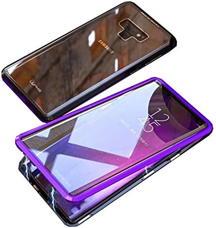 HIKERCLUB Galaxy Note 9 Magnetic Case Full Body Protection Metal Glass Flip Built-in Screen Protector Front and Back 9H Tempered Glass Clear Touchable HD Cover for Galaxy Note 9 (Purple&Black)