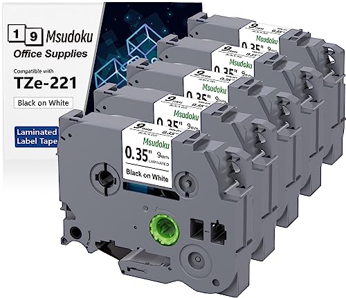 Msudoku 5-Pack TZe221 Label Refill Compatible for Brother TZe TZ Tape 9mm 0.35 Laminated White Tape TZe-221 TZ221 for Ptouch PTD210 PTD200 PTH220 PTD400 PTD600 PTH110 PT1290 Label Maker, 0.35